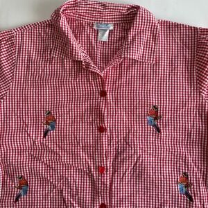 Only Necessities Red‎ Gingham Parrot Embroidered Cotton Shirt Wmns 1X Resort VTG
